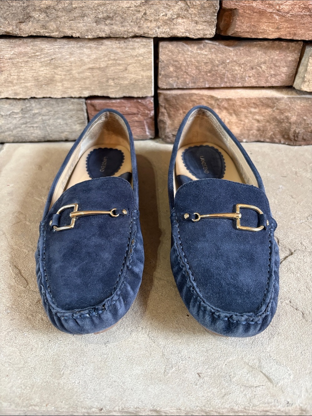 Lands End sz 9 blue suede driving later with gold horse bit detail - Picture 2 of 13
